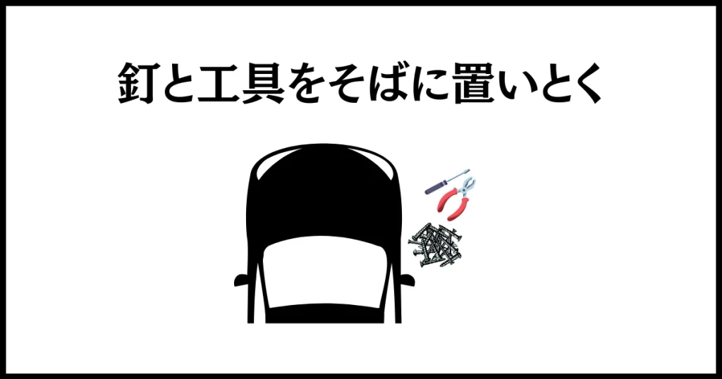 私有地に無断駐車する迷惑駐車には、運転席の側に釘と工具を置く